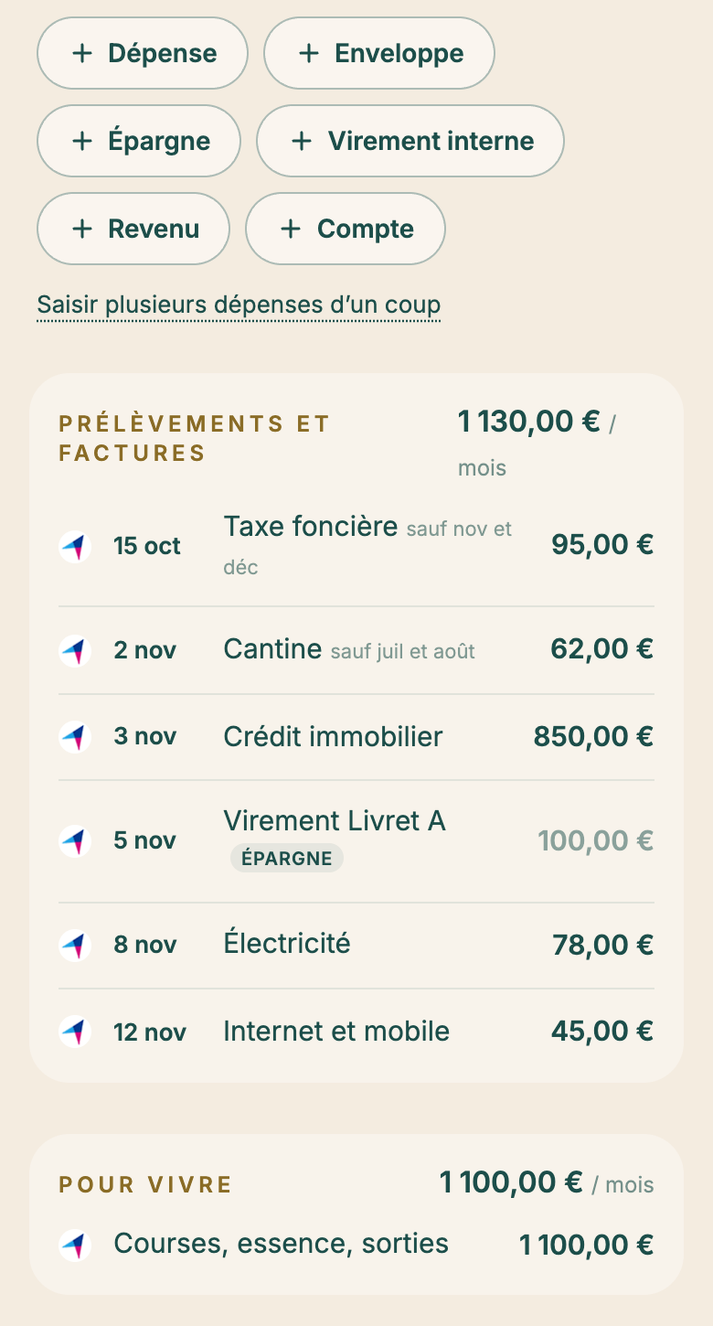 La page Budget de Yosanami : les boutons pour ajouter une dépense, une enveloppe, une épargne, puis la liste des prélèvements avec leurs dates et le montant pour vivre.